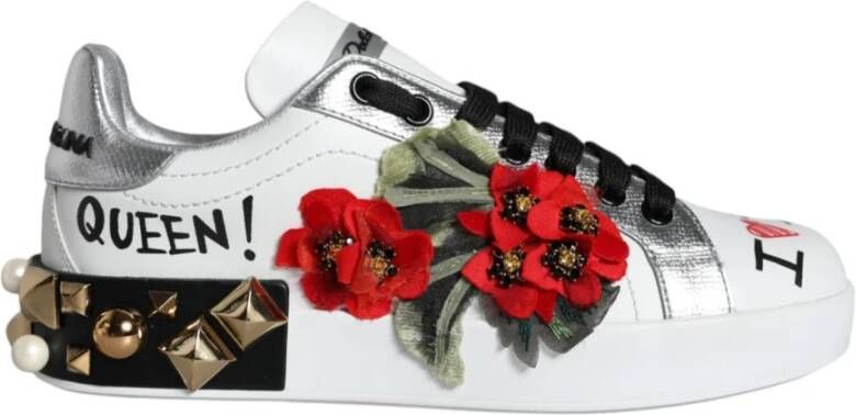 Dolce & Gabbana Witte Bloemen Leren Lage Sneakers White Dames