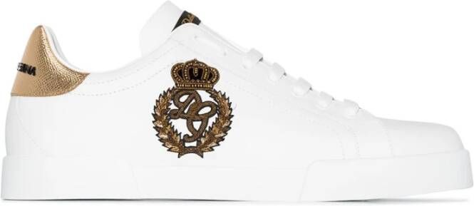 Dolce & Gabbana Witte Kalf Sneaker met Gouden Schild White Heren