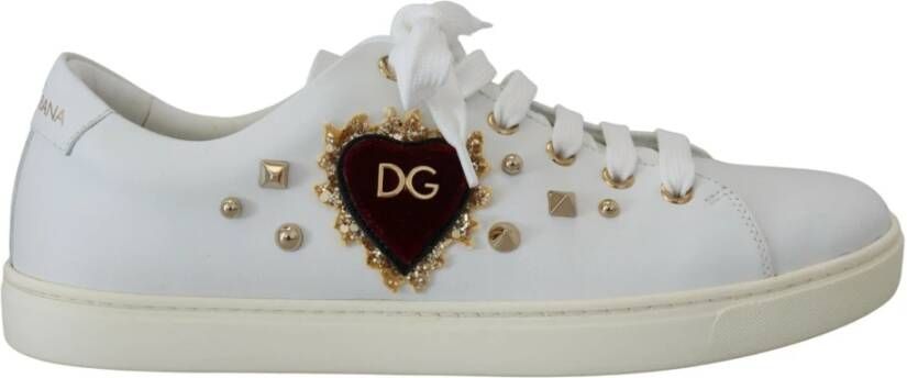 Dolce & Gabbana Witte Leren Sneakers met Gouden Studs White Dames