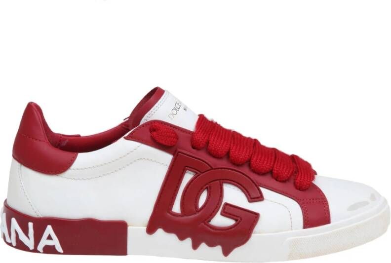 Dolce & Gabbana Vintage Lage Kalfsleren Sneakers in Wit en Rood White Heren