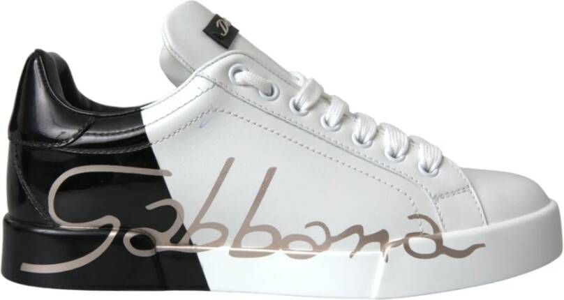 Dolce & Gabbana Witte Zwarte Portofino Lage Top Leren Sneakers White Dames