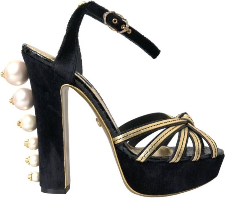 Dolce & Gabbana Zwart Goud Enkelband Hakken Sandalen Black Dames