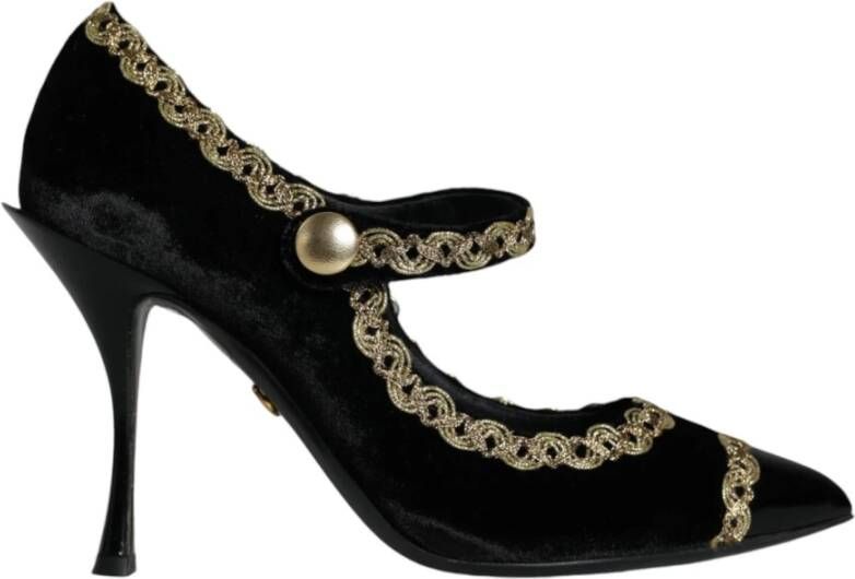 Dolce & Gabbana Zwart Goud Fluweel Mary Jane Pumps Black Dames