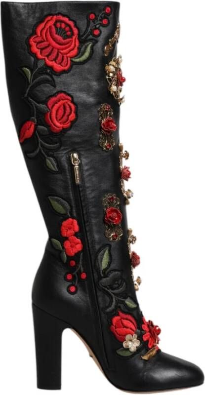 Dolce & Gabbana Zwarte Bloemversierde Kniehoge Laarzen Multicolor Dames