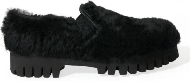 Dolce & Gabbana Zwarte Bont Leren Loafers Schoenen Black Heren