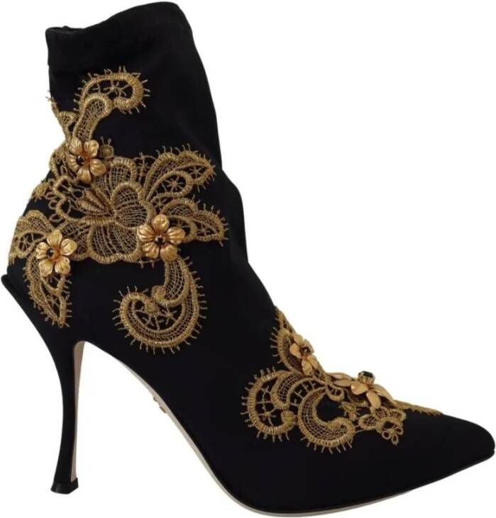 Dolce & Gabbana Zwarte Gouden Geborduurde Slip-On Laarzen Black Dames