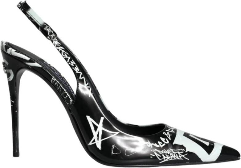 Dolce & Gabbana Zwarte Graffiti Leren Slingback Hakken Black Dames