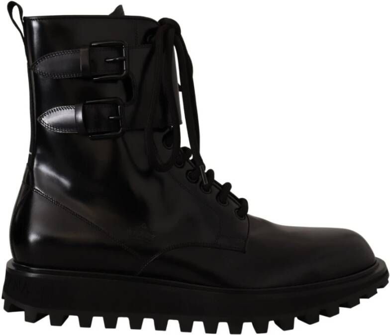 Dolce & Gabbana Zwarte Leren Combat Veterschoenen Heren Laarzen Black Heren