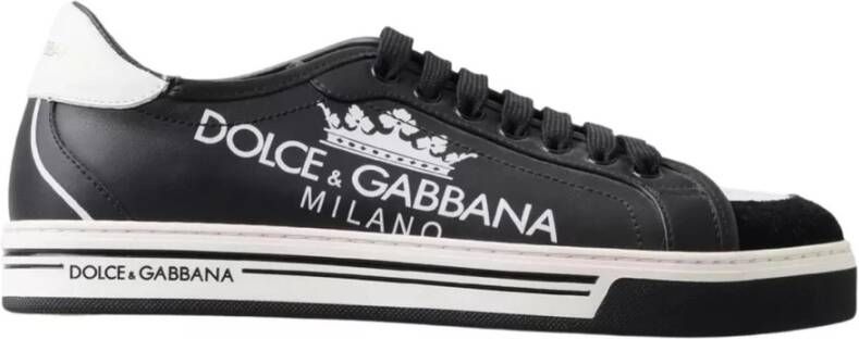 Dolce & Gabbana Zwarte Leren Lage Sneakers Print Black Heren