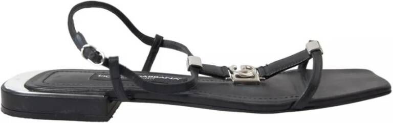 Dolce & Gabbana Zwarte Leren Logo Platte Sandalen Black Dames