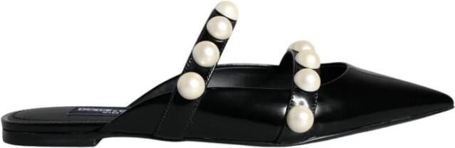 Dolce & Gabbana Zwarte Leren Platte Sandalen Black Dames