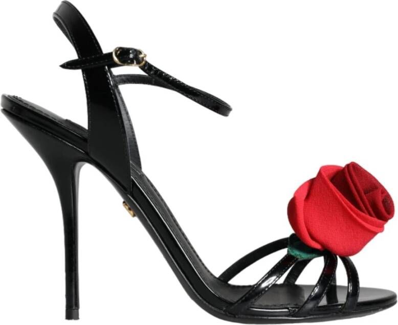 Dolce & Gabbana Zwarte leren rozen enkelband sandalen Black Dames