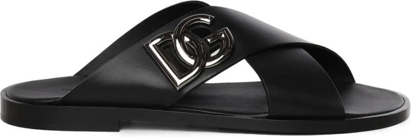 Dolce & Gabbana Zwarte leren sandalen met DG-logo Black Heren