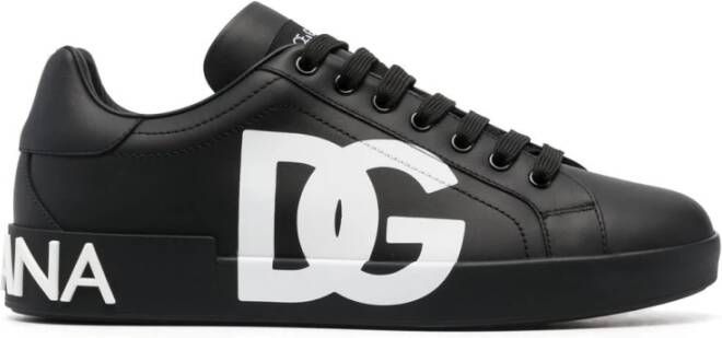 Dolce & Gabbana Zwarte Leren Sneakers Logo Print Black Heren