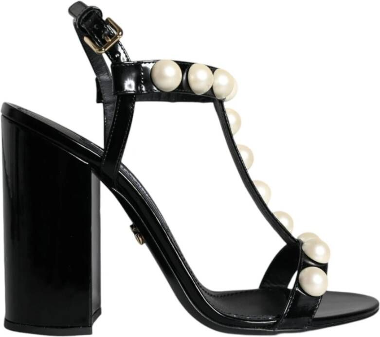 Dolce & Gabbana Zwarte leren T-strap sandalen met parels Black Dames