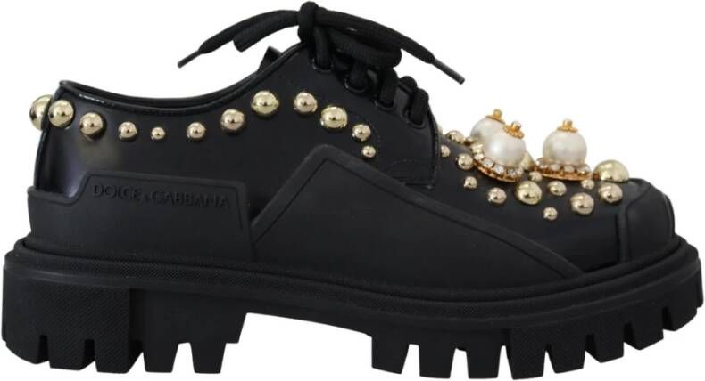 Dolce & Gabbana Zwarte leren trekking derby met gouden studs Black Dames