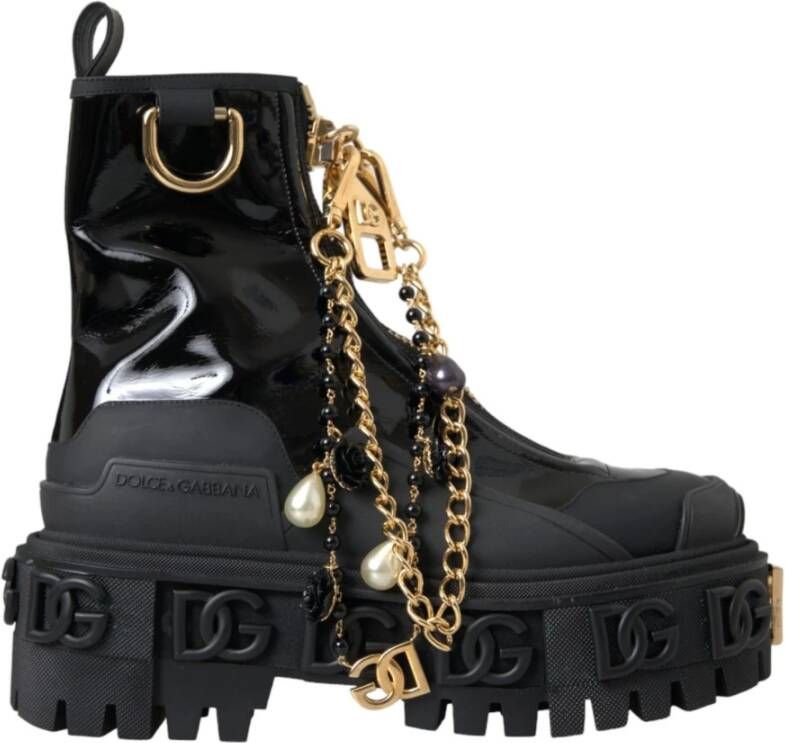 Dolce & Gabbana Zwarte Leren Trekking Enkellaarzen Black Dames