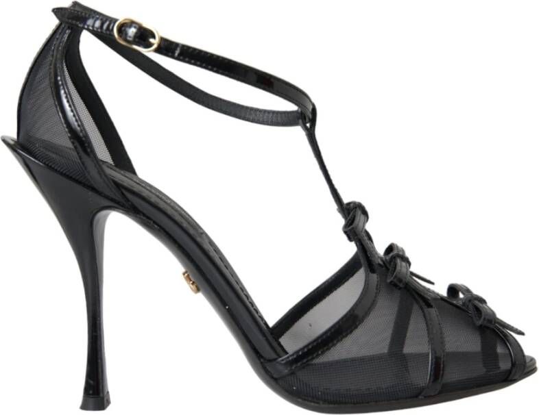 Dolce & Gabbana Zwarte Mesh T-Strap Hoge Hak Sandalen Black Dames