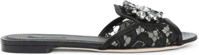 Dolce & Gabbana Taormina Lace Slides met Juweelbloem Black Dames