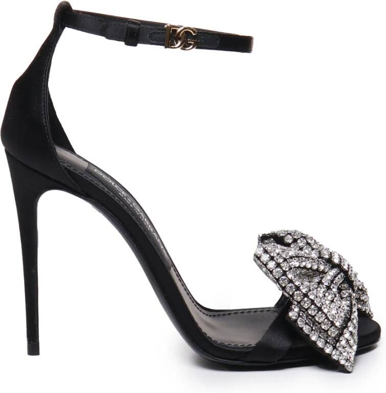 Dolce & Gabbana Zwarte Satijnen Enkelband Sandalen met Strik van Strass Black Dames