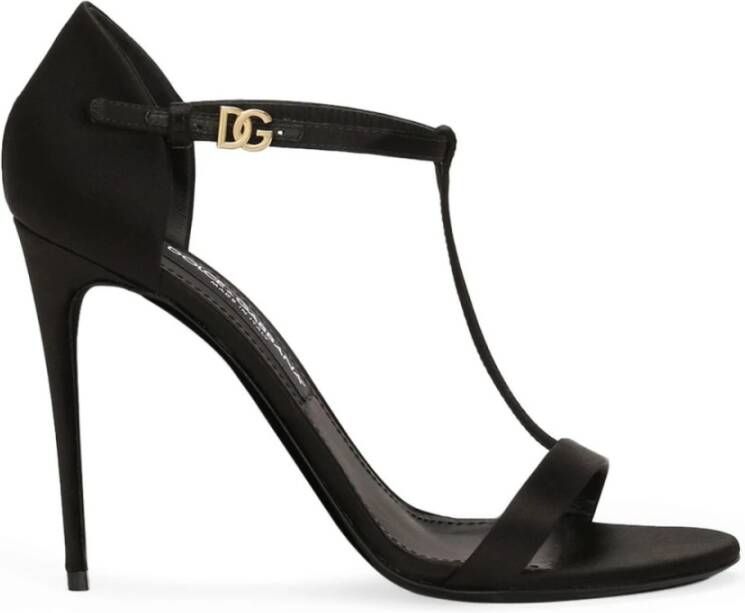 Dolce & Gabbana Zwarte Satijnen T-Bar Stiletto Sandalen Black Dames