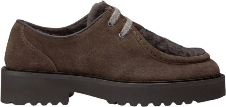 Doucal's Dames suède en schapenvacht veterschoenen | donkerbruin Brown Dames