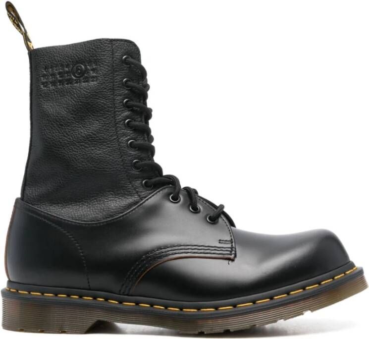 Dr. Martens Zwarte leren Anfibio laarzen met gele stiksels Black Heren