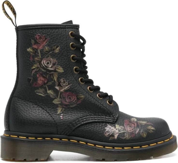 Dr. Martens Zwarte Leren Rozenprint Laarzen Black Dames