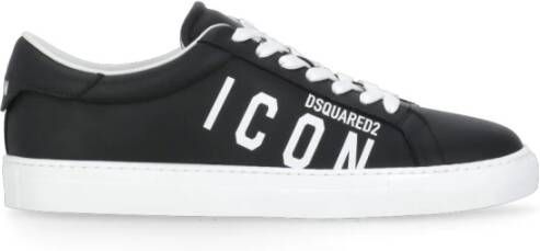 Dsquared2 Zwarte Leren Sneakers Ronde Neus Logo Black Heren