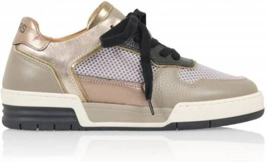 Dwrs Taupe Leren Sneaker met Metallic en Mesh Beige Dames