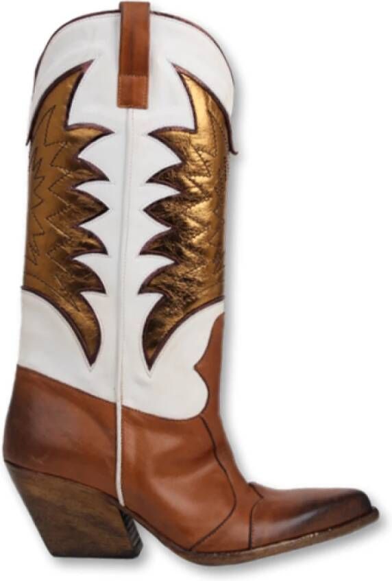 Elena Iachi Bruine Cowboy Boots met Witte Details Brown Dames