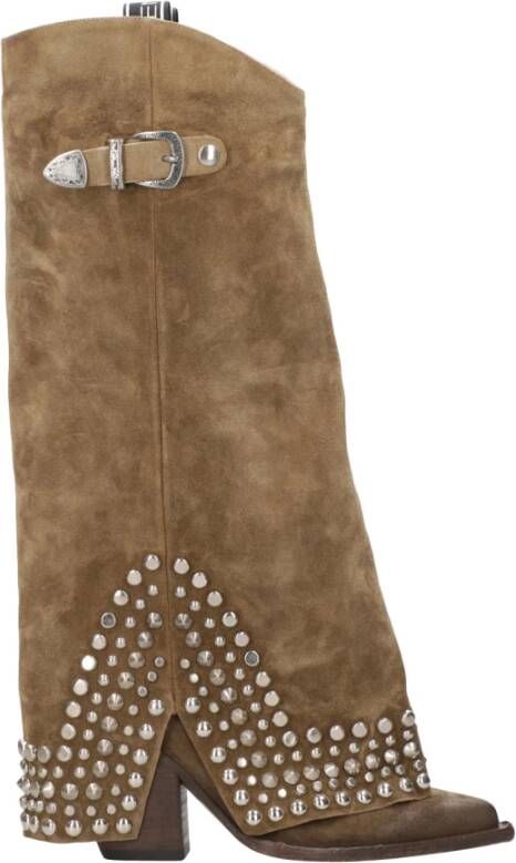 Elena Iachi Suede Tex Style Laarzen met Gesp en Studs Brown Dames