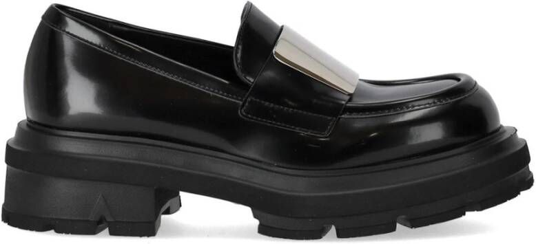 Elena Iachi Zwarte Geborsteld Leren Loafer met Zilveren Inzet Black Dames