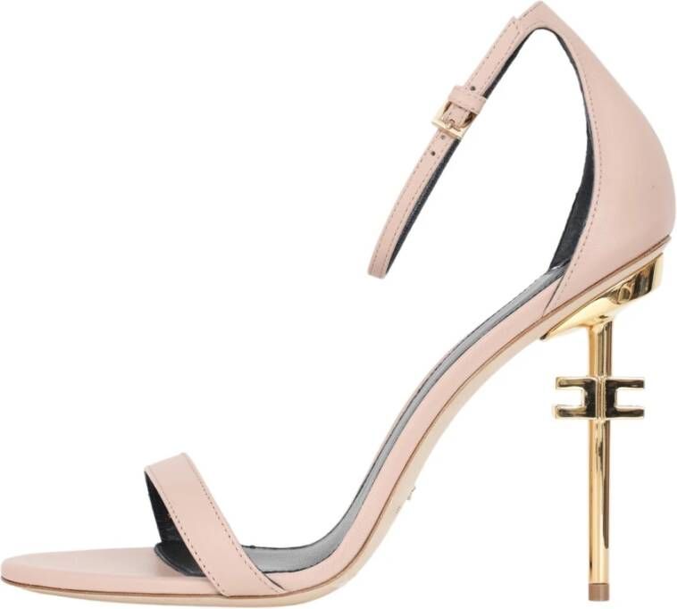 Elisabetta Franchi Beige Leren Sandalen met Verstelbare Enkelband en Metalen Logo Hak Beige Dames