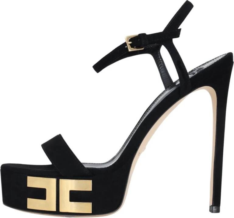 Elisabetta Franchi Zwarte Plateau Sandalen met Gouden Logo Black Dames