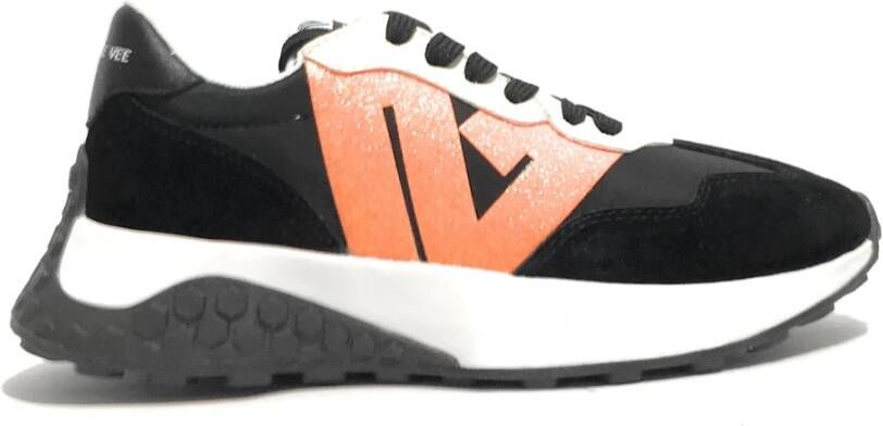 Emanuelle Vee Zwarte Suède en Nylon Sneaker met Oranje Glitter Detail Zwart Dames