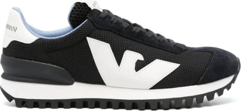 Emporio Armani Blauwe Sneaker met Logo van Mesh Leer en Suède Blauw Heren