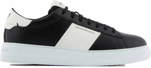 Emporio Armani Zwarte leren sneakers met witte contrastinzetten en logo-opschrift 43.5 Black Heren