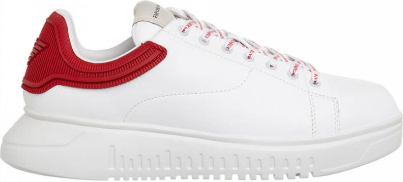 Emporio Armani Witte Leren Sneakers met Rode Rubberen Achterkant en Adelaar Logo White Heren