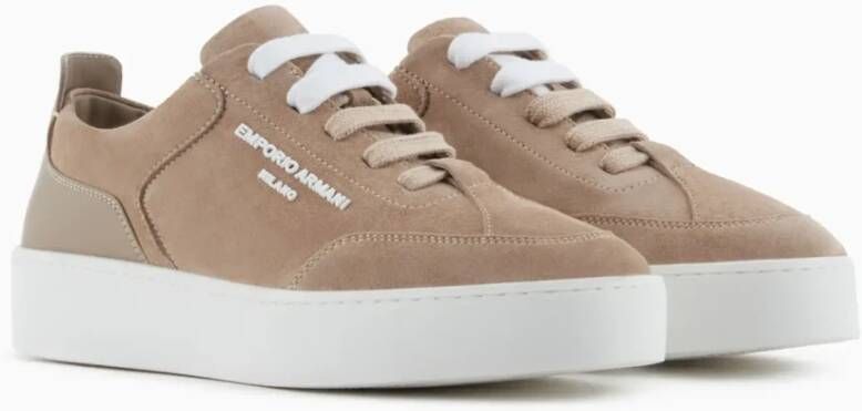 Emporio Armani Beige Suède Sneaker met Rubberen Logo Beige Dames