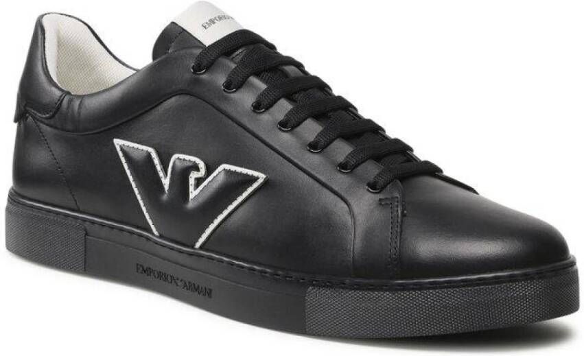 Emporio Armani Zwarte Leren Sneakers met Ingelegd Adelaarslogo Black Heren