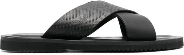 Emporio Armani Embossed-Logo Crossover-Strap Slides Black Heren