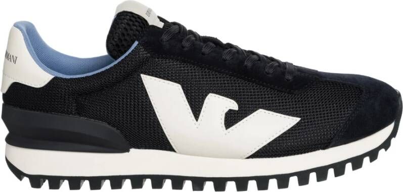 Emporio Armani Blauwe Sneaker met Logo van Mesh Leer en Suède Blauw Heren