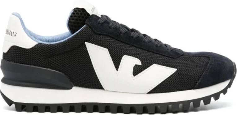 Emporio Armani Blauwe Sneaker met Logo van Mesh Leer en Suède Blauw Heren