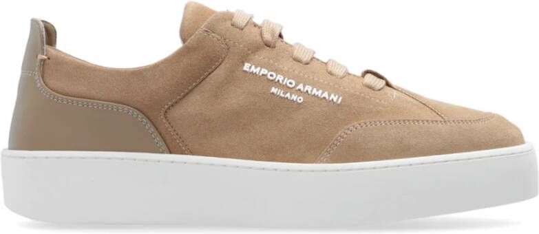 Emporio Armani Beige Suède Sneaker met Rubberen Logo Beige Dames