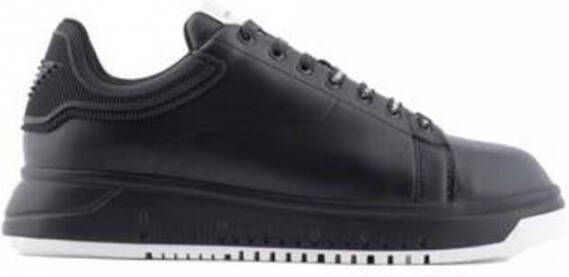 Emporio Armani Leren Vetersneakers met Rubberen Logo Black Heren