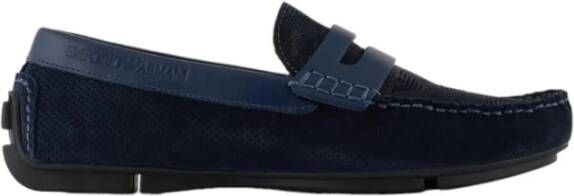 Emporio Armani Marineblauwe Suede Rij Mocassin met Adelaar Logo Blue Heren