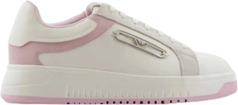 Emporio Armani Witte Roze Leren Sneaker met Metalen Adelaar Plaque White Dames