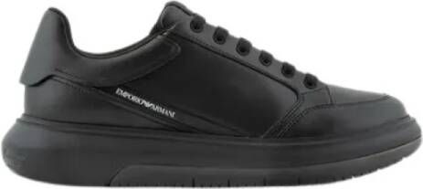 Emporio Armani Zwarte Leren Sneakers met Contrasterend Logo Black Heren