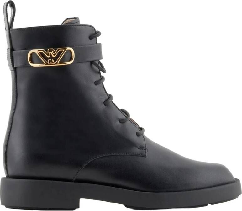 Emporio Armani Zwarte leren veterschoenen Zijrits Rubberen zool Black Dames